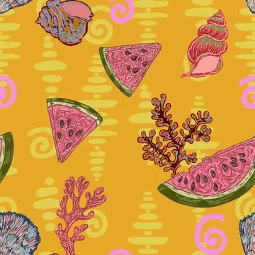 Seamless Summer Pattern with Watermelon Slices, Seashells, Coral and Textured Stock Illustration