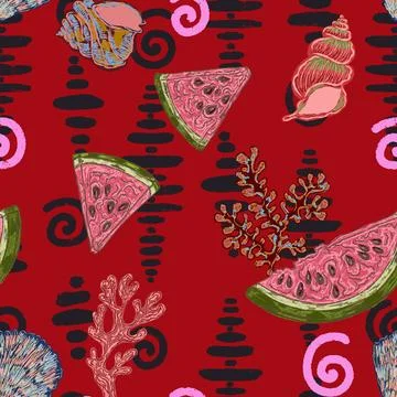 Seamless Summer Pattern with Watermelon Slices, Seashells, Coral and Textured Stock Illustration