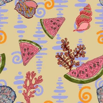 Seamless Summer Pattern with Watermelon Slices, Seashells, Coral and Textured Stock Illustration
