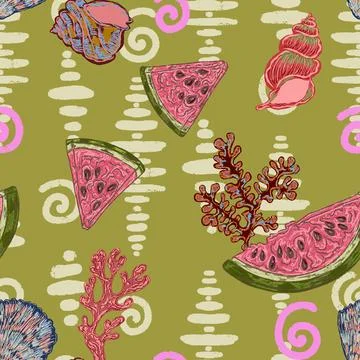 Seamless Summer Pattern with Watermelon Slices, Seashells, Coral and Textured Stock Illustration