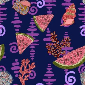 Seamless Summer Pattern with Watermelon Slices, Seashells, Coral and Textured Stock Illustration
