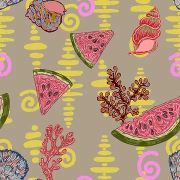 Seamless Summer Pattern with Watermelon Slices, Seashells, Coral and Textured Stock Illustration
