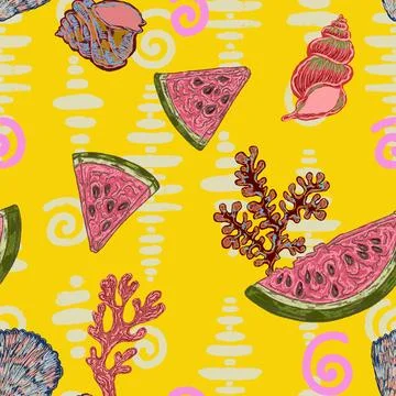 Seamless Summer Pattern with Watermelon Slices, Seashells, Coral and Textured Stock Illustration