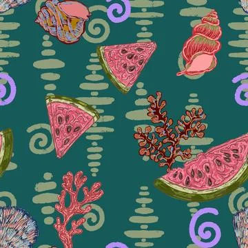 Seamless Summer Pattern with Watermelon Slices, Seashells, Coral and Textured Illustrazione stock