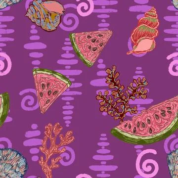 Seamless Summer Pattern with Watermelon Slices, Seashells, Coral and Textured Illustrazione stock