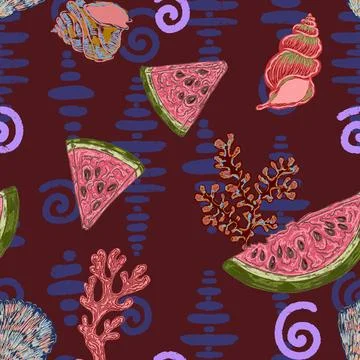 Seamless Summer Pattern with Watermelon Slices, Seashells, Coral and Textured Stock Illustration