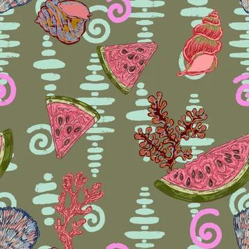Seamless Summer Pattern with Watermelon Slices, Seashells, Coral and Textured Stock Illustration
