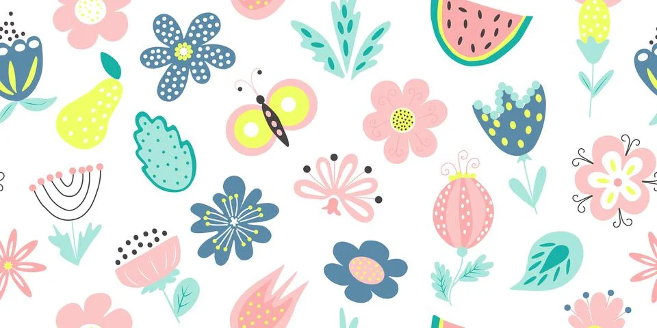 Seamless summer pattern.Modern abstract background with cute flowers,butterfly Stock Illustration