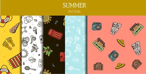 Seamless summer patterns. Hand draw accessories for beach holidays by the sea Stock Illustration