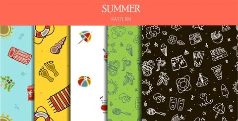 Seamless summer patterns. Hand draw accessories for beach holidays by the sea Stock Illustration