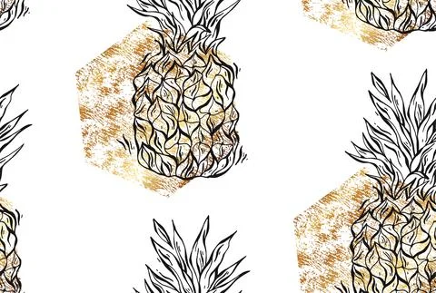 Seamless summer pineapple with gold texture isolated on white background Stock Illustration