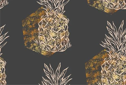 Seamless summer pineapple with gold texture isolated on black background Stock Illustration