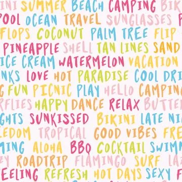 Seamless summer text pattern pastel colors. hand drawn words. Illustrazione stock