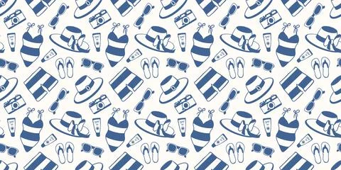 Seamless summer travel pattern with beach items, swimsuit, hat, sunscreen Stock Illustration
