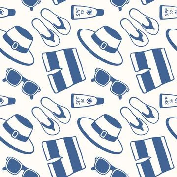 Seamless summer travel pattern with hat, flip flop, sunscreen, sunglasses, and Stock Illustration