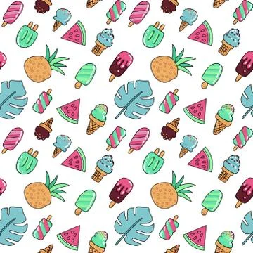 Seamless summer vacation icons pattern with ice cream, watermelon, pineapple  Stock Illustration