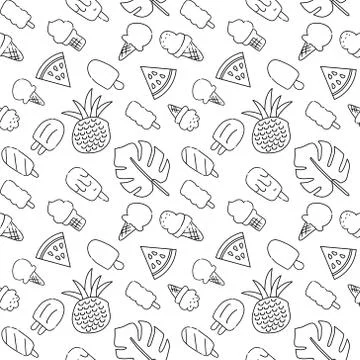 Seamless summer vacation icons pattern with ice cream, watermelon, pineapple  Stock Illustration