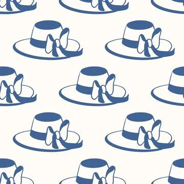 Seamless summer woman hat pattern for travel in flat style. Elegant sun Stock Illustration