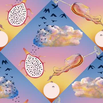 Seamless sunset pattern with a glass of wine digital drawing Stock Illustration