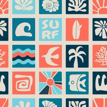 Seamless surf pattern in retro colors featuring bold graphic elements like .. Stock Illustration