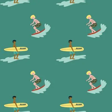 Seamless surf pattern with surfers on waves in vibrant colors Stock Illustration