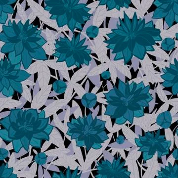 Seamless surface floral night pattern of blue flowers and grey silver leaves Stock Illustration