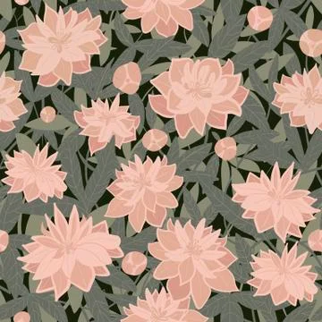 Seamless surface floral night pattern of pink flowers and grey green leaves Stock Illustration