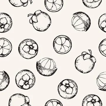 Seamless surface pattern with hand drawn mangosteen fruits. Exotic food sketch Illustration