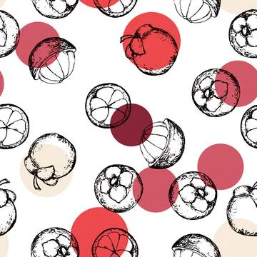 Seamless surface pattern with hand drawn mangosteen fruits. Exotic food sketch Stock Illustration