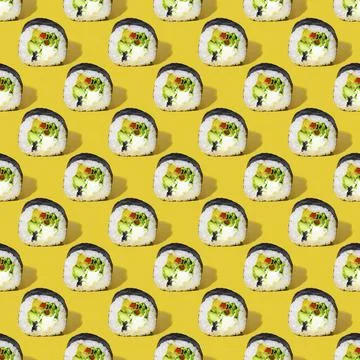 Seamless sushi pattern with a hard shadow on a yellow background 스톡 사진