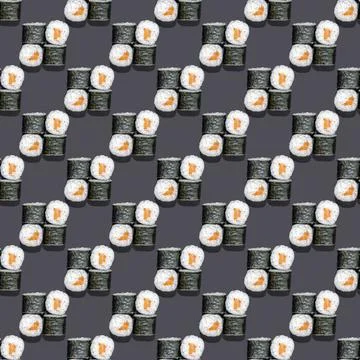 Seamless sushi pattern with a hard shadow on a gray background Stock Photos