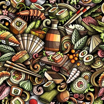 Seamless sushi pattern with Japanese cuisine elements Stock Illustration