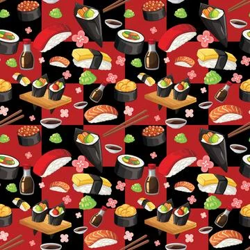 Seamless Sushi Pattern with Nigiri Maki and Temaki on Checkered Background Stock Illustration