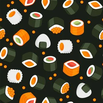 Seamless Sushi Roll Pattern on Black Background. Vector Stock Illustration
