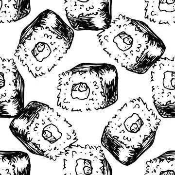 Seamless sushi roll pattern. Hand-drawn geometric pattern of sushi roll in Stock Illustration