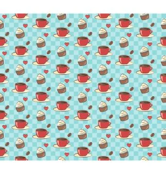 Seamless sweet pattern. Cupcake with cup of coffee and heart on blue Illustrazione stock