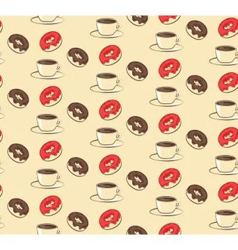 Seamless sweet pattern with donuts and cup of coffee on beige Stock Illustration