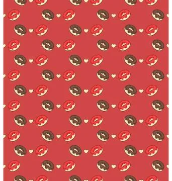 Seamless sweet pattern with donuts and hearts on red Stock Illustration