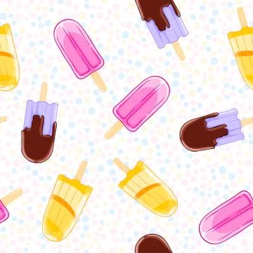 Seamless sweet pattern with popsicles in cartoon style on polka dot background. Stock Illustration