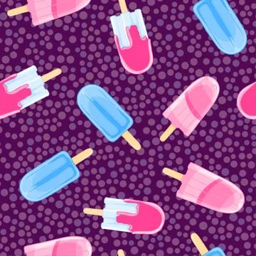 Seamless sweet pattern with popsicles in cartoon style on polka dot background. Stock Illustration