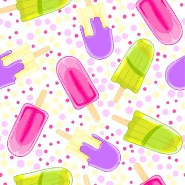 Seamless sweet pattern with popsicles in cartoon style on polka dot background. Stock Illustration