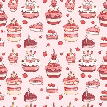 Seamless sweets pattern. Cream birthday cake with candles and strawberries,.. Illustrazione stock
