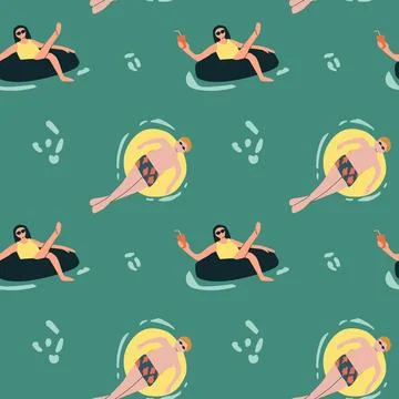Seamless swimming pool pattern with caucasian male and female adults relaxing on Stock Illustration