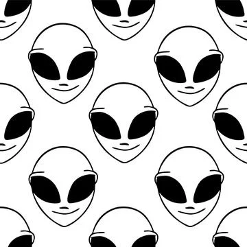 Seamless symmetrical black pattern with close-up humanoid face on white Stock Illustration