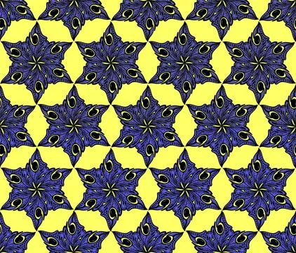 Seamless symmetrical blue floral pattern on yellow background, texture, desig Illustrazione stock