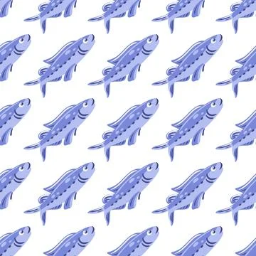 Seamless symmetrical diagonal pattern features a variety of blue fish. The de Stock Illustration