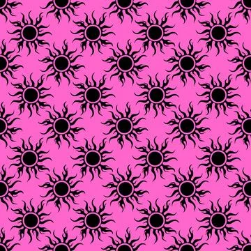 Seamless symmetrical graphic pattern of black suns on a pink background Stock Illustration