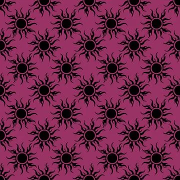 Seamless symmetrical graphic pattern of black suns on purple background, te.. Stock Illustration