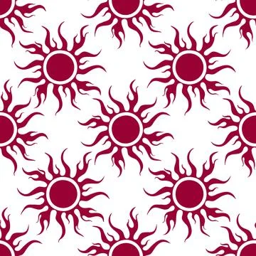 Seamless symmetrical graphic pattern of purple suns on white background Stock Illustration