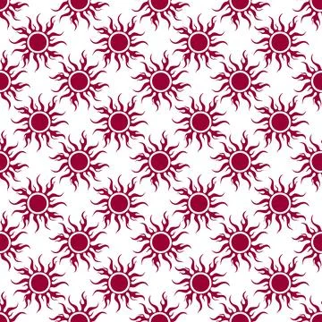 Seamless symmetrical graphic pattern of purple suns on white background Stock Illustration